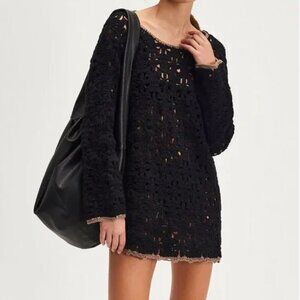 Free People Rue Crochet Tunic Sweater in Black Combo NWOT - xs